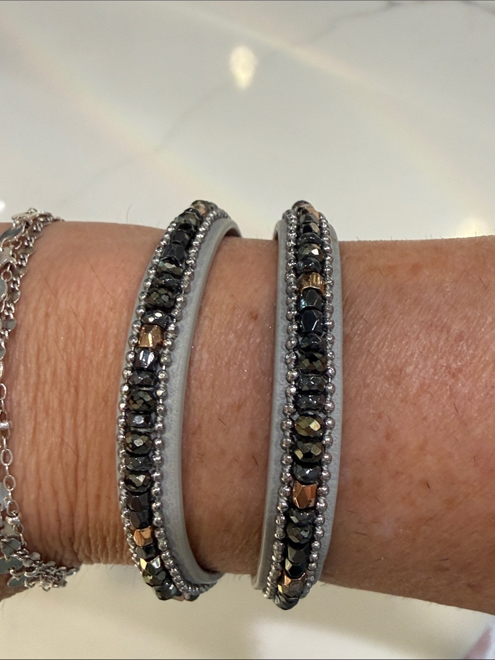 Stella & Dot Gray Leather Wrap Bracelet with Metallic Crystal Beads